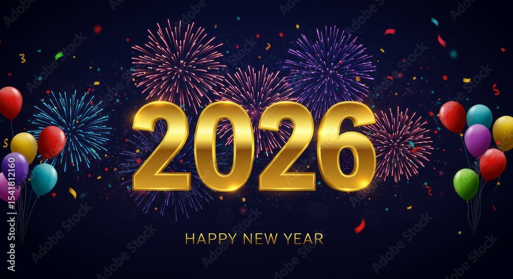 Fototapeta premium 2026 Golden Numbers with Colorful Fireworks and Balloons on Dark Blue Background