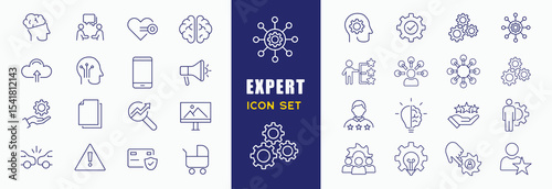 Expert icon set. Containing advice, competence, expertise, knowledge, skill, specialist, experience and more. Solid vector icons collection