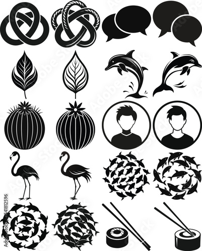 Black and White Icons Knots, Leaves, Dolphins, People, Flamingos, Fish Swarms, and Sushi Illustrations