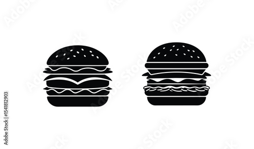 Two Black and White Burger Icons with Sesame Buns and Filling Layers Design