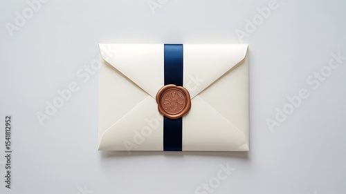 Elegant White Envelope with Navy Ribbon and Wax Seal A High-Quality Photograph