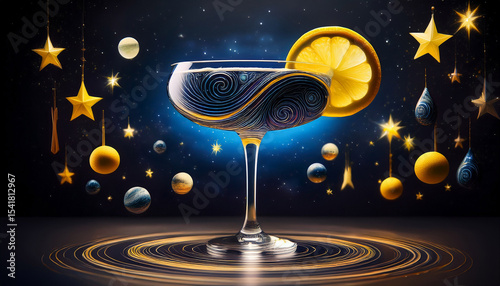 stylized cocktail glass filled with cosmic designs including stars clouds and planetary rings surrounded by lemon slices and glowing celestial patterns