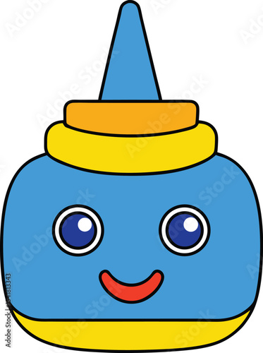 Cute Kawaii Cartoon Blue Glue Bottle Character.cute cartoon school object glue bottle smiling face kawaii style. new 2025 trendy for kids