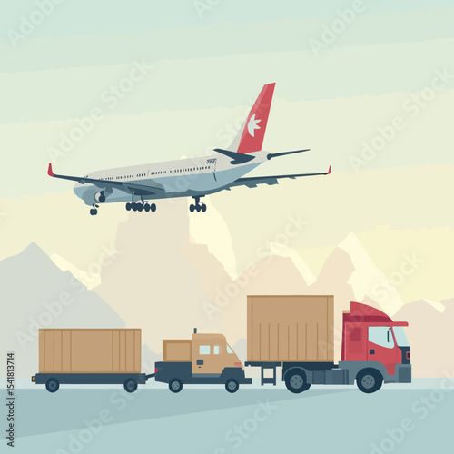 Airplane landing near cargo trucks transporting containers across mountainous terrain.
