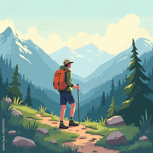 A hiker with backpack enjoys a scenic mountain trail view.