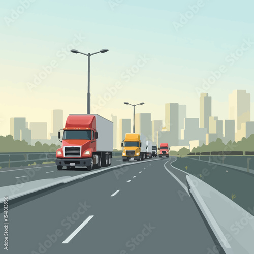 Trucks driving on a highway with a city skyline in the background, under a bright sky.