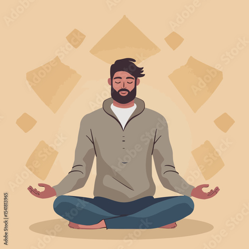 A bearded man meditates peacefully, surrounded by floating papers, suggesting stress relief and mindfulness.