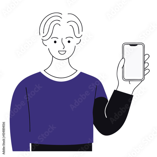 Young Asian person holds a smartphone with blank screen, showing the device