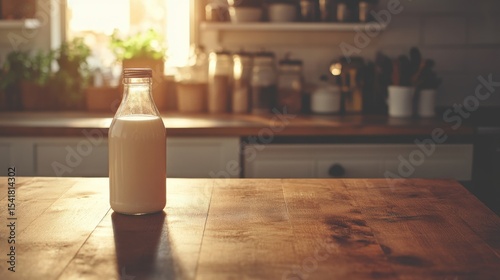 Bottle of milk on a wooden kitchen counter with a warm, sunlit, rustic background. Free copy space for text
