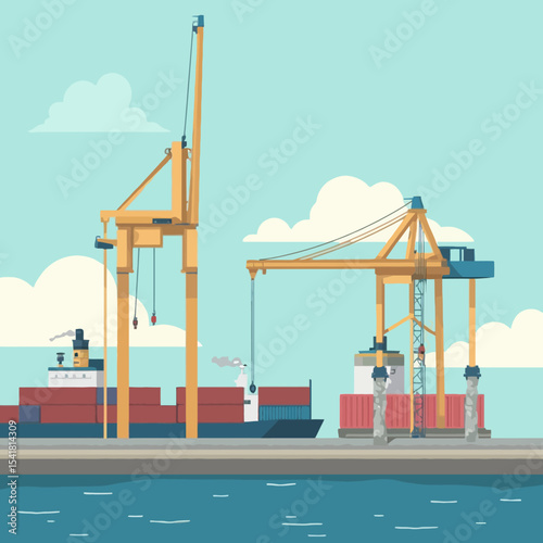 Port scene with cargo ships and cranes, illustrating maritime trade.