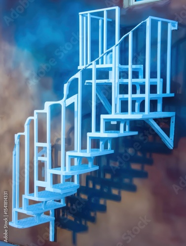 Light blue spiral staircase against a mottled background