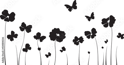 Elegant Silhouette of Flowers and Butterflies Against a White Background Ideal for Decorative Purposes Invitations or Designs Requiring a Touch of Nature and Simplicity