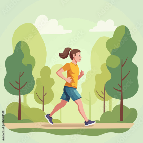 A woman in athletic attire enjoys a morning run through a park, exercising.