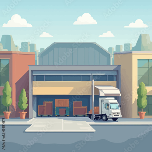 Delivery truck unloading cargo at a warehouse, city backdrop.