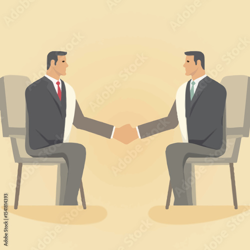 Two businessmen in suits shake hands, seated opposite each other, mirroring each other's posture and attire.
