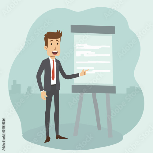 A businessman in a suit gives a presentation, pointing at a flip chart with information.