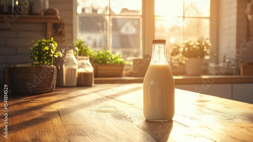 Bottle of milk on a wooden kitchen counter with a warm, sunlit, rustic background. Free copy space for text
