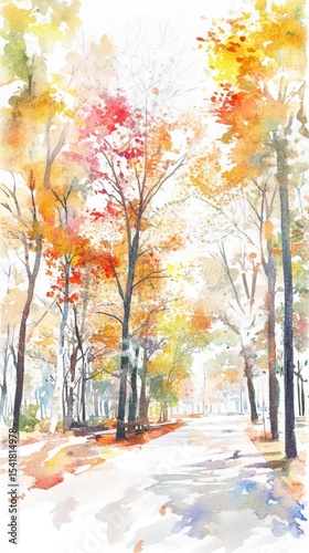 Watercolor depiction of a serene autumn pathway lined with colorful trees and soft light.