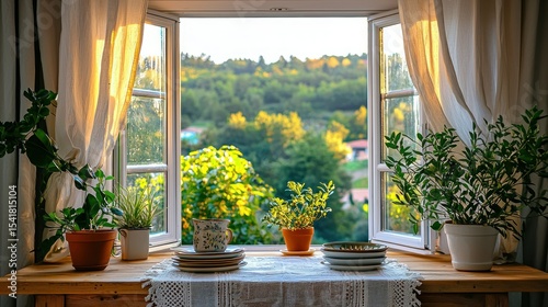 Sunlight streams through an open window, showcasing a scenic view of rolling hills and lush greenery