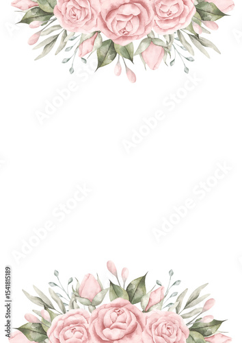 Pink dreams. Watercolor hand-drawn frame with with bouquet of pink roses and eucalyptus. Fairytale illustration for baby girl. Template card for design birthday, girls's parties and nursery.