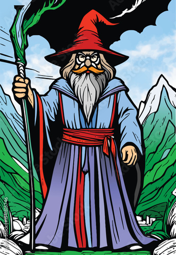 035-38-Cartoon illustration of a powerful wizard holding a magic staff in a mountain landscape. Hand-drawn illustration