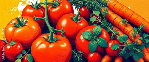 Knallige Pop-Art-Grafik mit Tomaten, Karotten und Kräutern auf gelbem Hintergrund – modernes Gemüsemotiv voller Farbe und Kontrast.