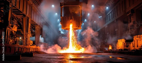 Large container pouring liquid iron molten metal on casting. Industry metallurgical factory. Generative video AI technology.	
