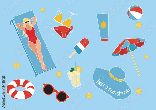 Summer Vacation Illustration Set swimwear woman character travel holiday vector hand drawn illustrated beach ball pool float sun hat sunscreen parasol umbrella bikini sunglasses ice lolly pop lemon