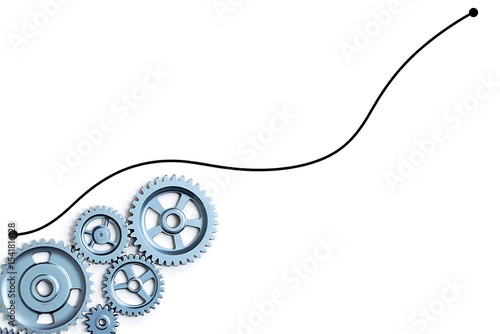 Silver Metal Gears Interlocking System Mechanical Parts Cogwheels Rotating Machine Industry Engineering Technology White Background Abstract Growth Curve Black Line Dots