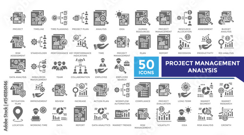 Project management analysis solid icon set collection. This set includes project, audit, resource allocation, budget, data, analysis and more icons in solid style. Icons collection for infographics