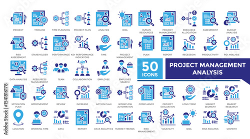 Project management analysis icon solid two color set collection. This set includes project, audit, resource, budget, data, analysis, plan and more icon in solid style. Icons collection for infographic