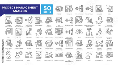 Project management analysis lineal icon set collection. This set includes project, audit, resource allocation, budget, data, analysis and more icons in lineal style. Icons collection for infographics