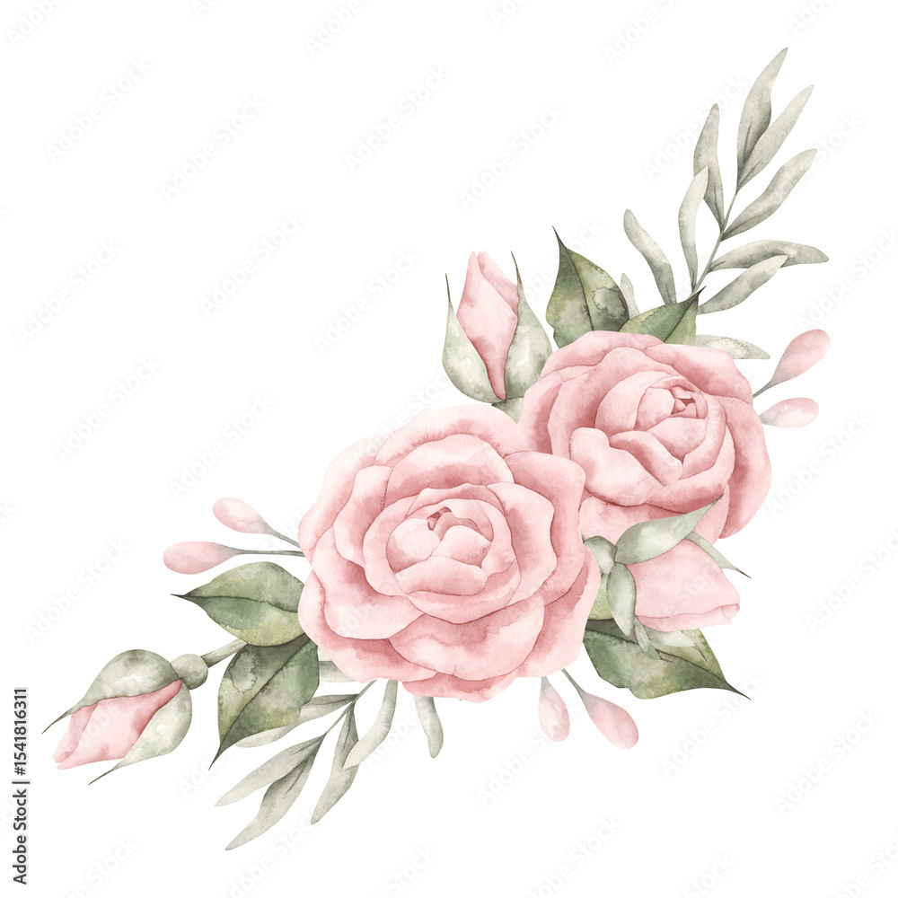 Fototapeta premium Pink dreams. Watercolor hand-drawn border with floral composition of pink roses and eucalyptus. Fairytale illustration for baby girl. Illustration for design birthday, girls's parties and nursery.