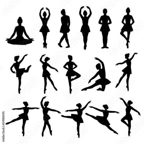 ballerina silhouette set featuring various classical ballet poses. Black silhouette of ballet dancers in graceful poses. Set of ballerina silhouettes showing different ballet movements. Ballet Dancing