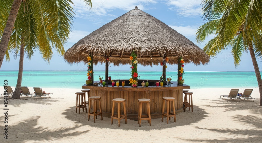 Fototapeta premium Beach bar with thatched roof on the white sand near turquoise sea