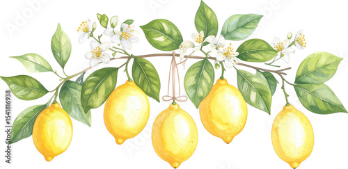 Watercolor illustration of a lemon branch with ripe yellow lemons vibrant green leaves and delicate white blossoms