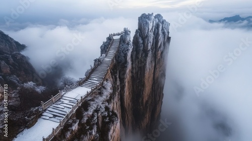 Buzhou Mountain, the mythical peak that reaches the heavens, its jagged cliffs towering above the clouds
