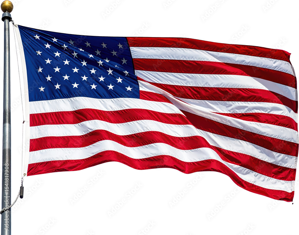 Obraz premium American flag with vibrant red and white stripes and white stars on blue canton waving on a metal pole Transparent