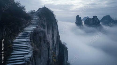 Buzhou Mountain, the mythical peak that reaches the heavens, its jagged cliffs towering above the clouds
