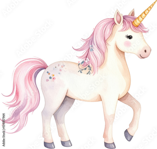 Watercolor illustration of a full body mythical unicorn with a pink mane tail and golden horn Transparent background