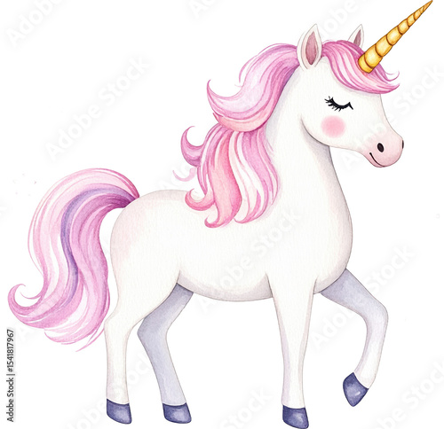 Watercolor illustration of a white unicorn with pink mane and tail Golden horn and closed eyes standing gracefully on