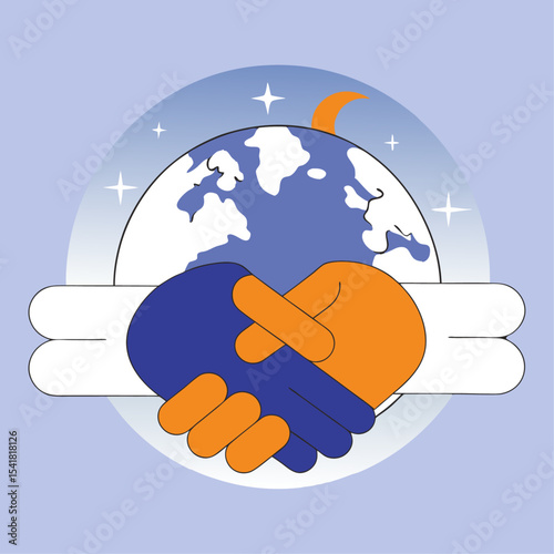 Vector Illustration of a World Peace Handshake – Symbolic Unity Between Cultures Through a Global Agreement Gesture in Minimalist Line Art Style