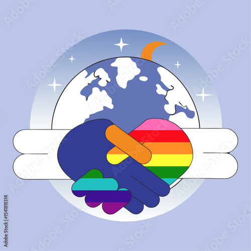 Symbolic Vector Illustration of a Pride-Themed World Peace Handshake – Celebrating Unity, Equality, and Global Solidarity Through LGBTQ+ Colors and Cultural Harmony