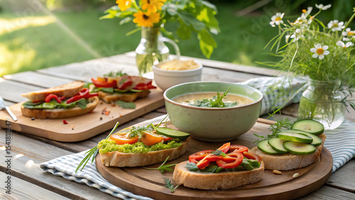 Delicious and Healthy Lunch Still Life Featuring Soup and Bruschetta Variety on a Sunny Wooden Table