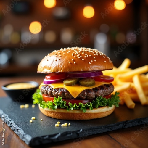 Delicious Beef Burger with Cheese and Vegetables