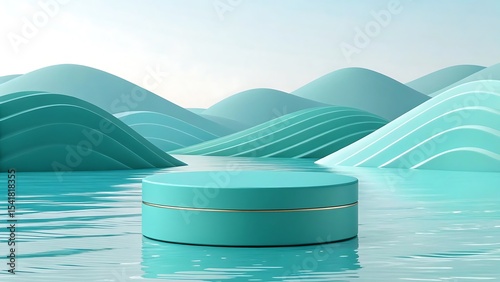 Abstract 3d rendered product display featuring a turquoise pedestal in a dreamy water landscape.