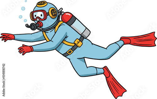 Cartoon Scuba Diver Exploring Underwater: Fun and Adventurous Illustration of Diving Gear