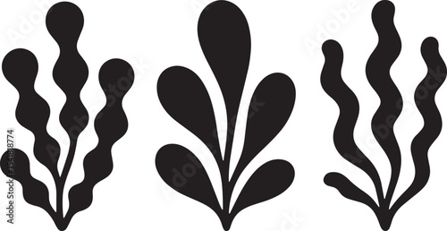 seaweed silhouette, seaweed outline, marine plant icon, ocean flora vector, underwater vegetation, sea plant silhouette, aquatic leaves, kelp silhouette, ocean botanical shape, coral reef plants, seag