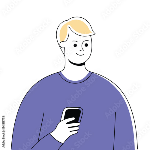 Blond man with a cell phone smiles gently, his violet sweater contrasting against the white background