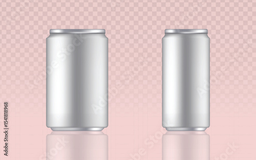Two realistic silver aluminum cans with a smooth, metallic finish, designed for showcasing beverage branding or packaging designs with a reflective surface.